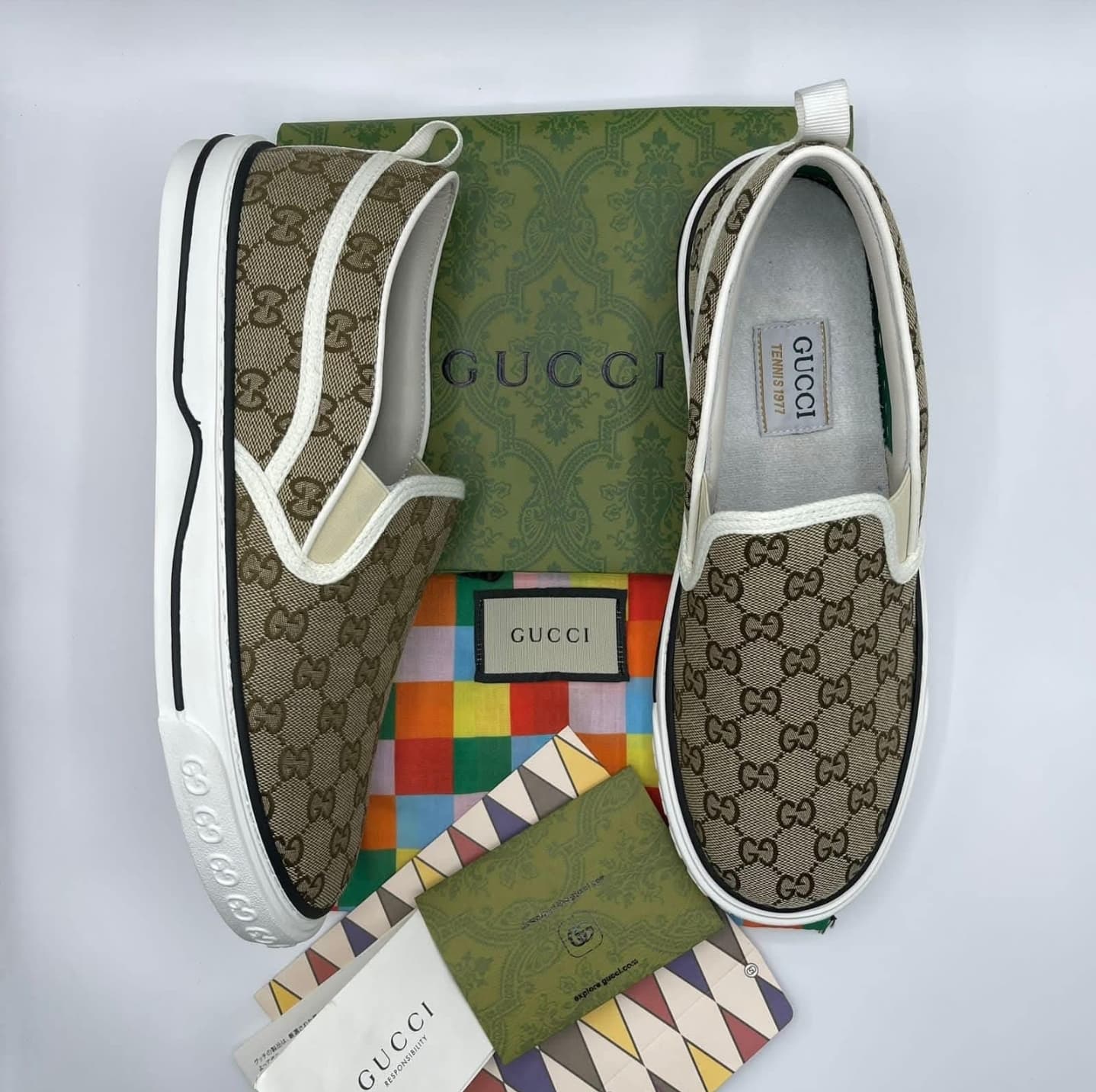 Ali Amazon lots,New Gucci Beige Tennis 1997 Canvas Monogram logo Slip On Sneakers Trainers SHOES