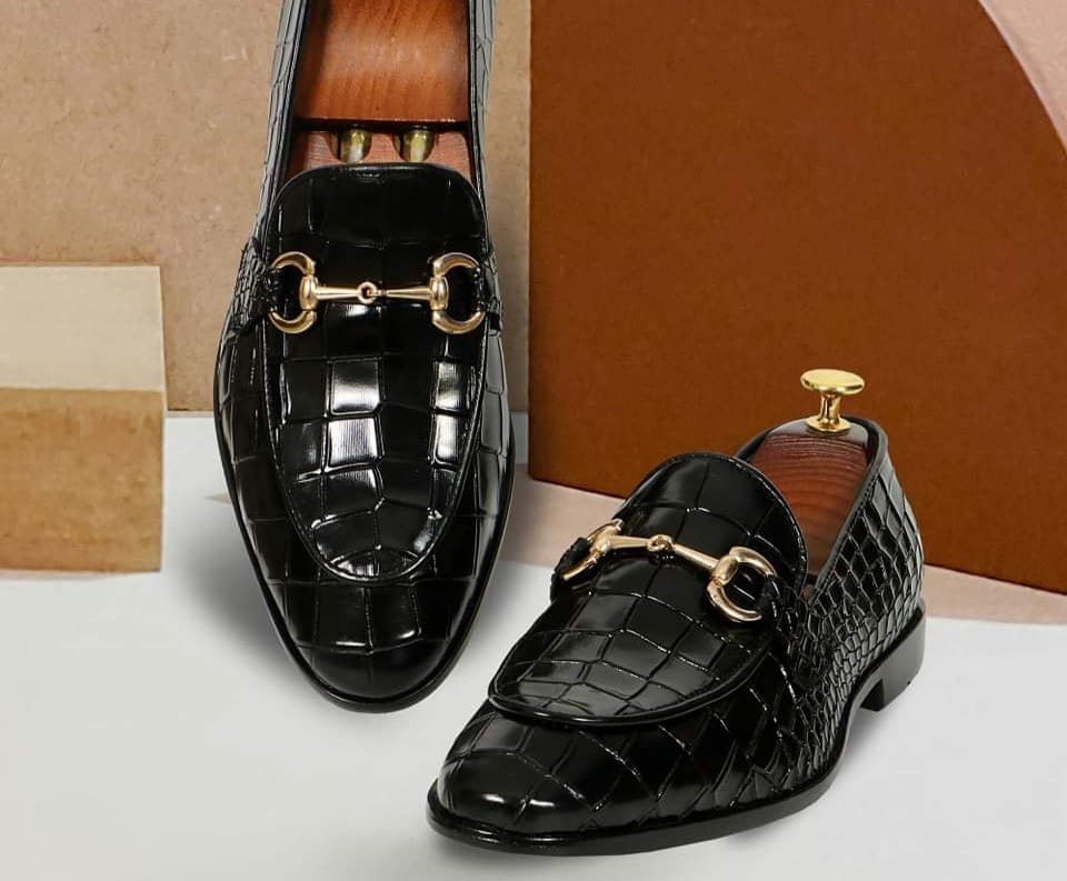 Hand Made Shoes, Oxford, Men Handmade Black, Embossed, Crocodile Texture Leather