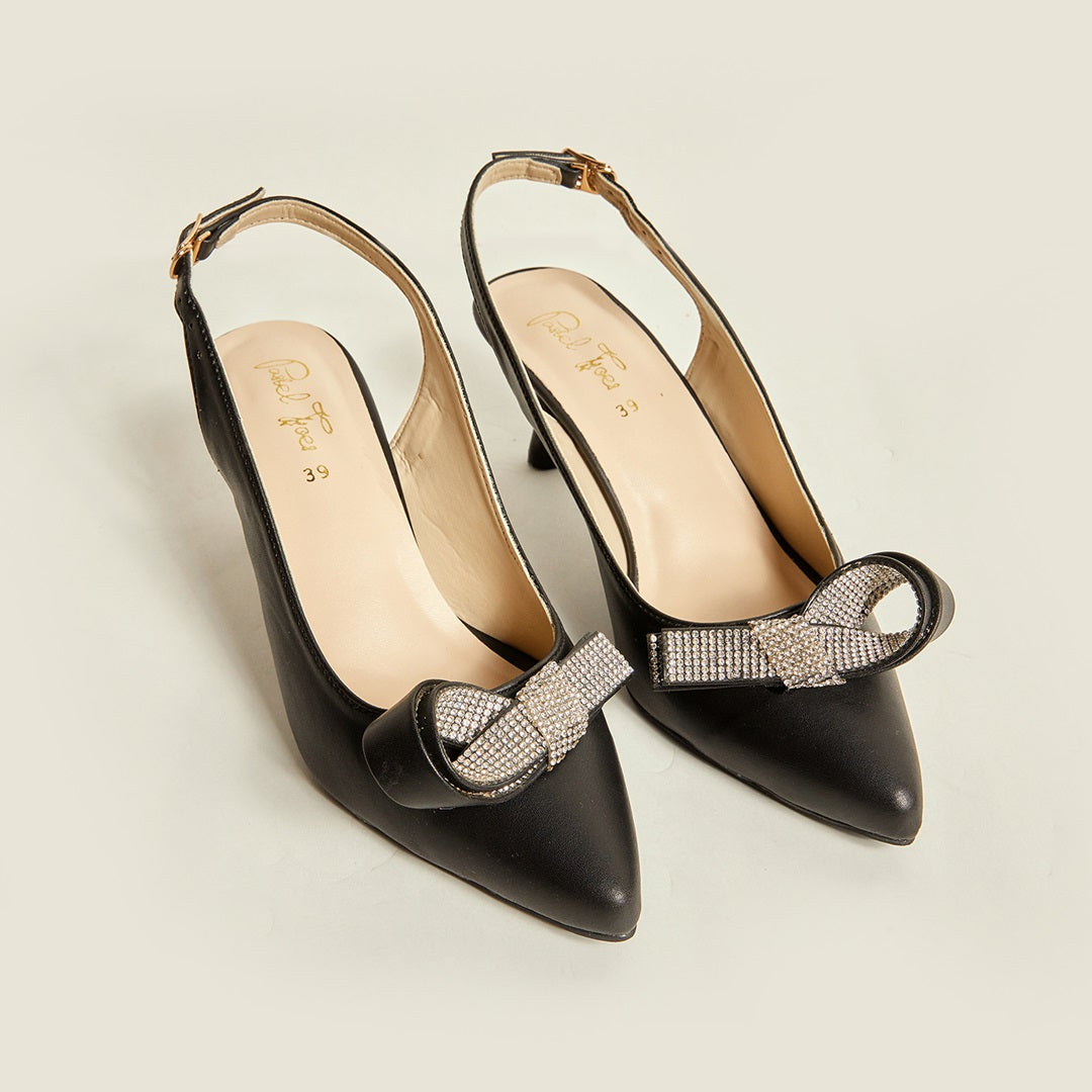 Women’s heels Rhinestone Tie Sling Back – White/Black