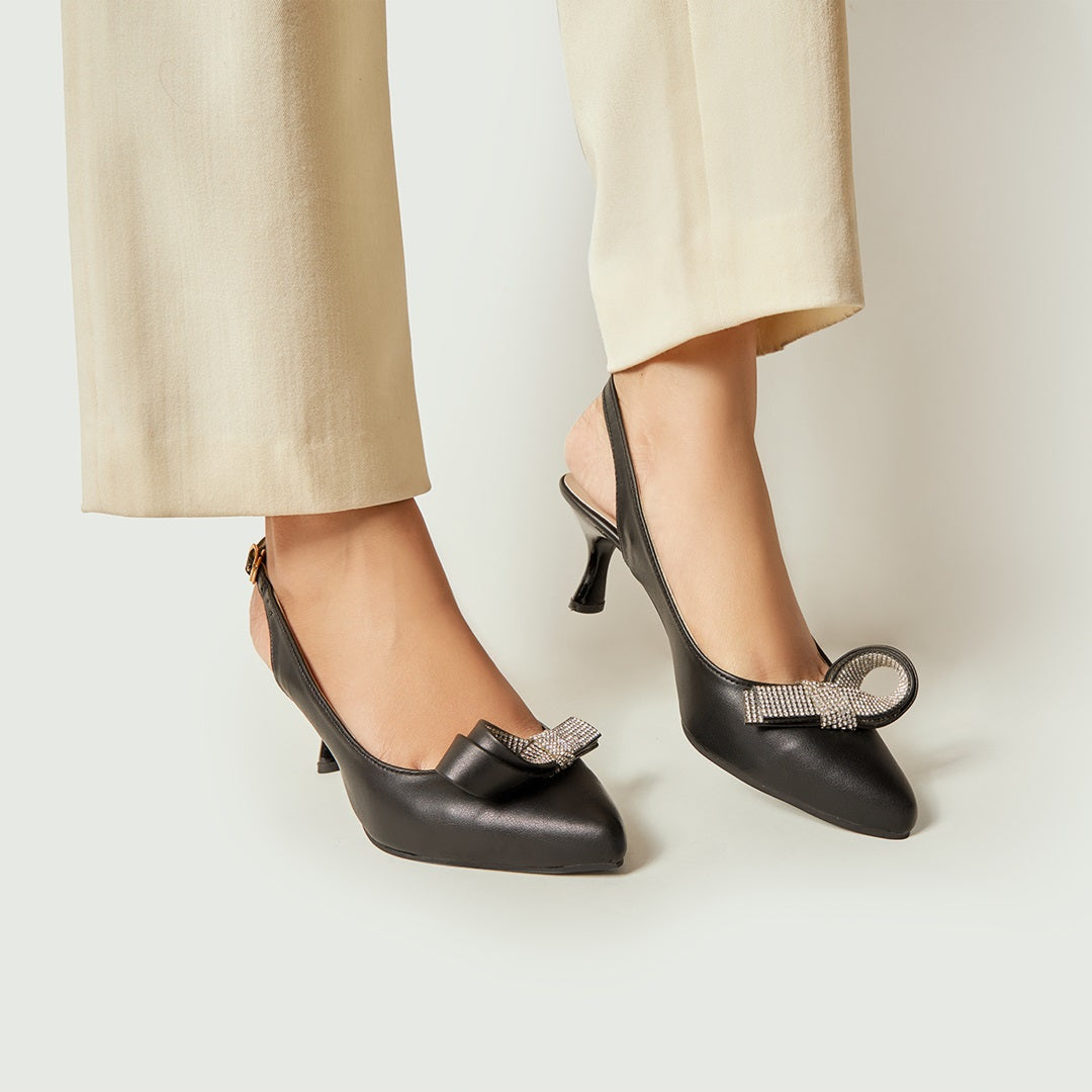 Women’s heels Rhinestone Tie Sling Back – White/Black