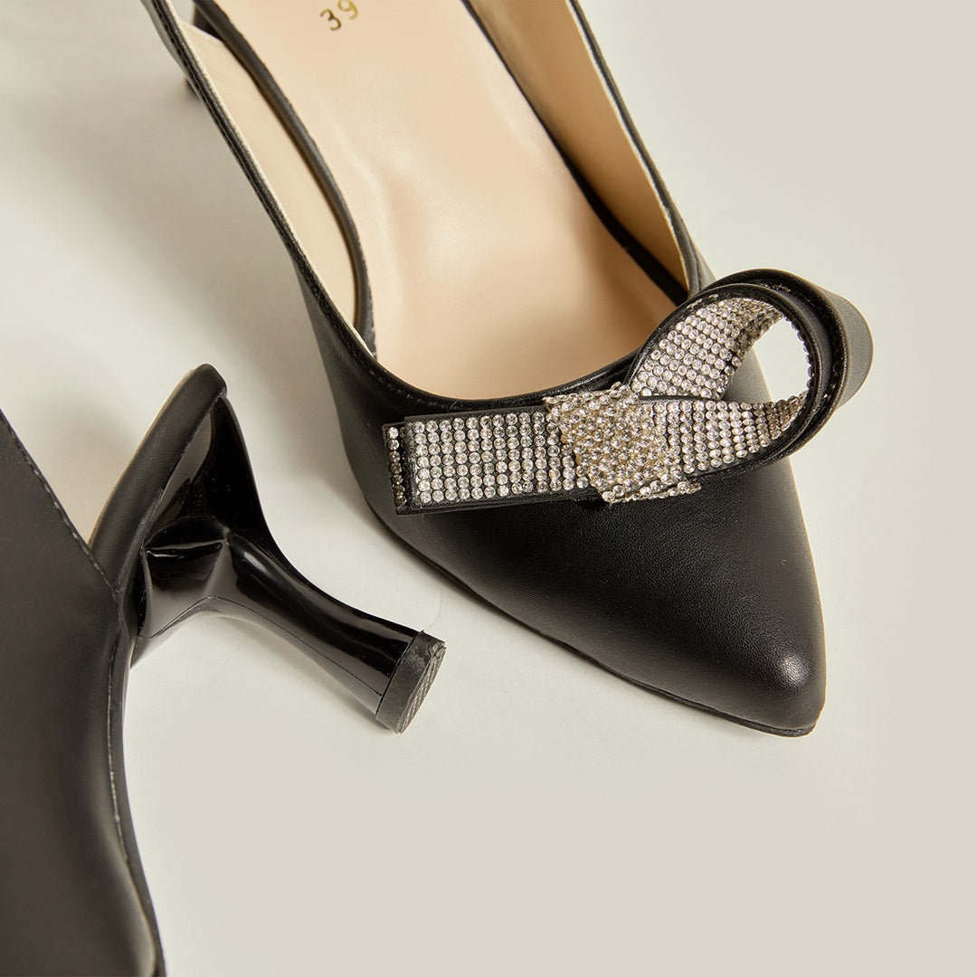 Women’s heels Rhinestone Tie Sling Back – White/Black