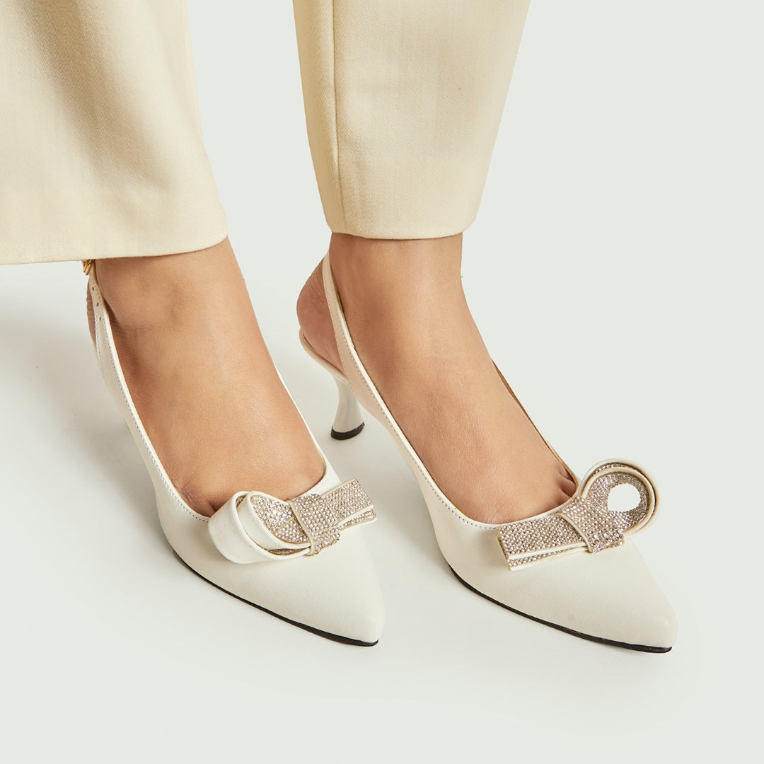 Women’s heels Rhinestone Tie Sling Back – White/Black