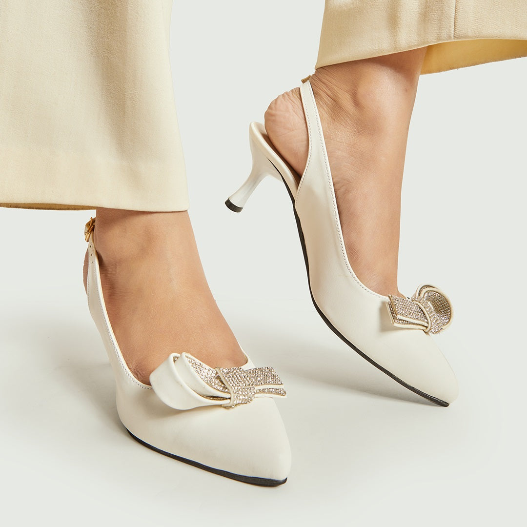 Women’s heels Rhinestone Tie Sling Back – White/Black