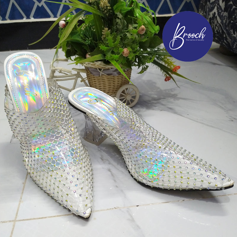 6-WGB-801 White Grid with Rainbow beads 3 Inch Heel women’s