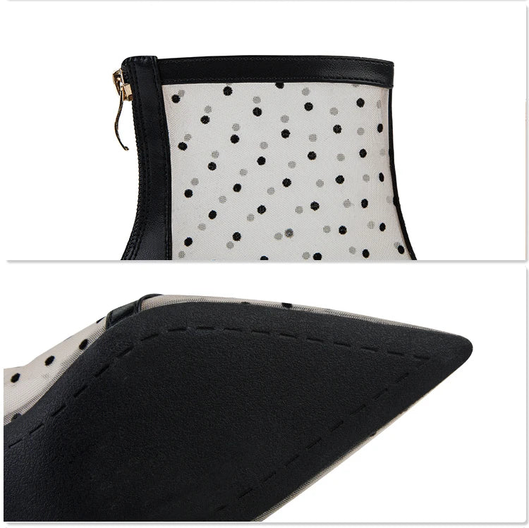 Fashion Women Ankle Boots Pointed Toe Short Pointed Toe Bow Design Thin Low Heels Back Zipper Fashion Boots Air Mesh Boots SKU: NA -991- 01