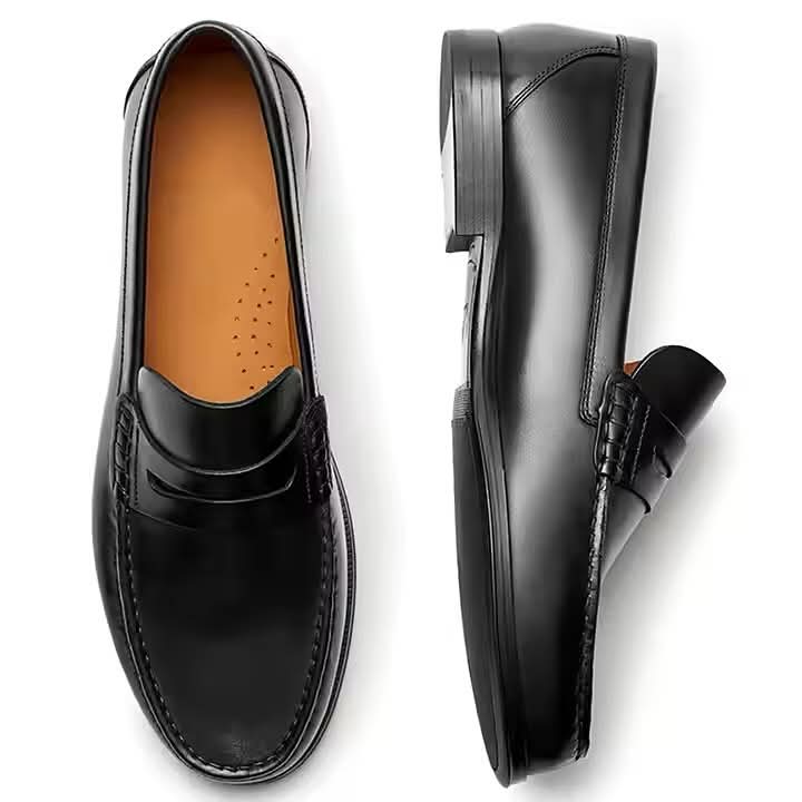 Black calf leather handcrafted penny loafer mens