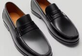 Black calf leather handcrafted penny loafer mens