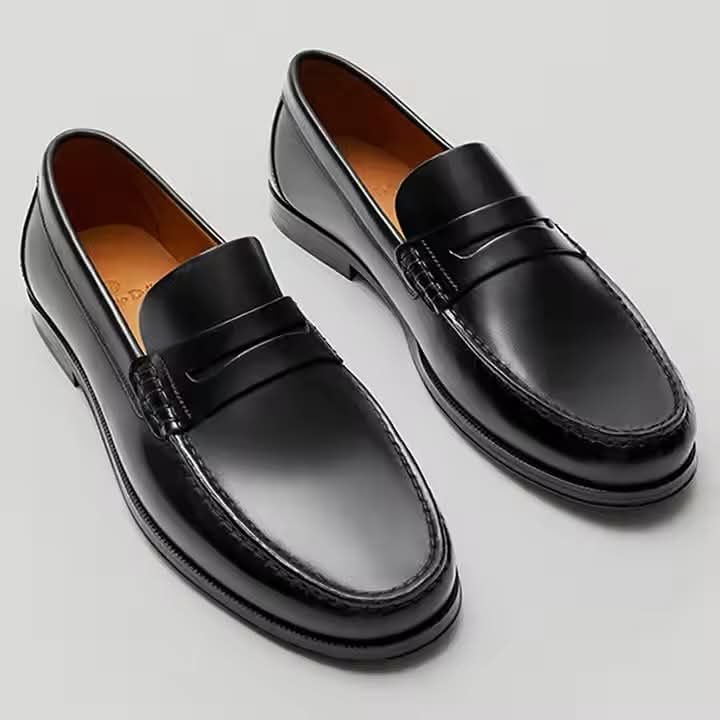 Black calf leather handcrafted penny loafer mens