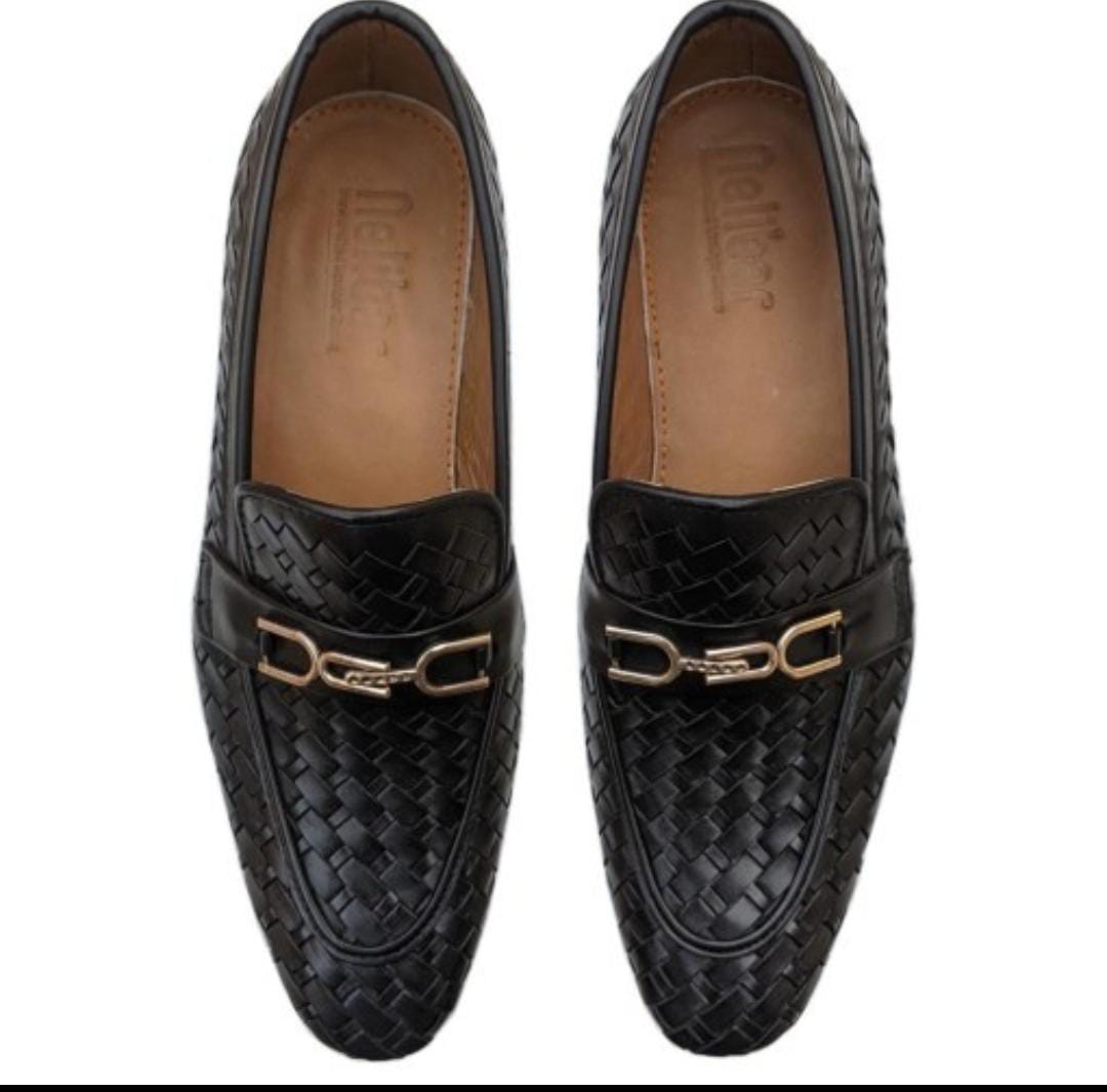 Royal black leathers knitted shoes men’s