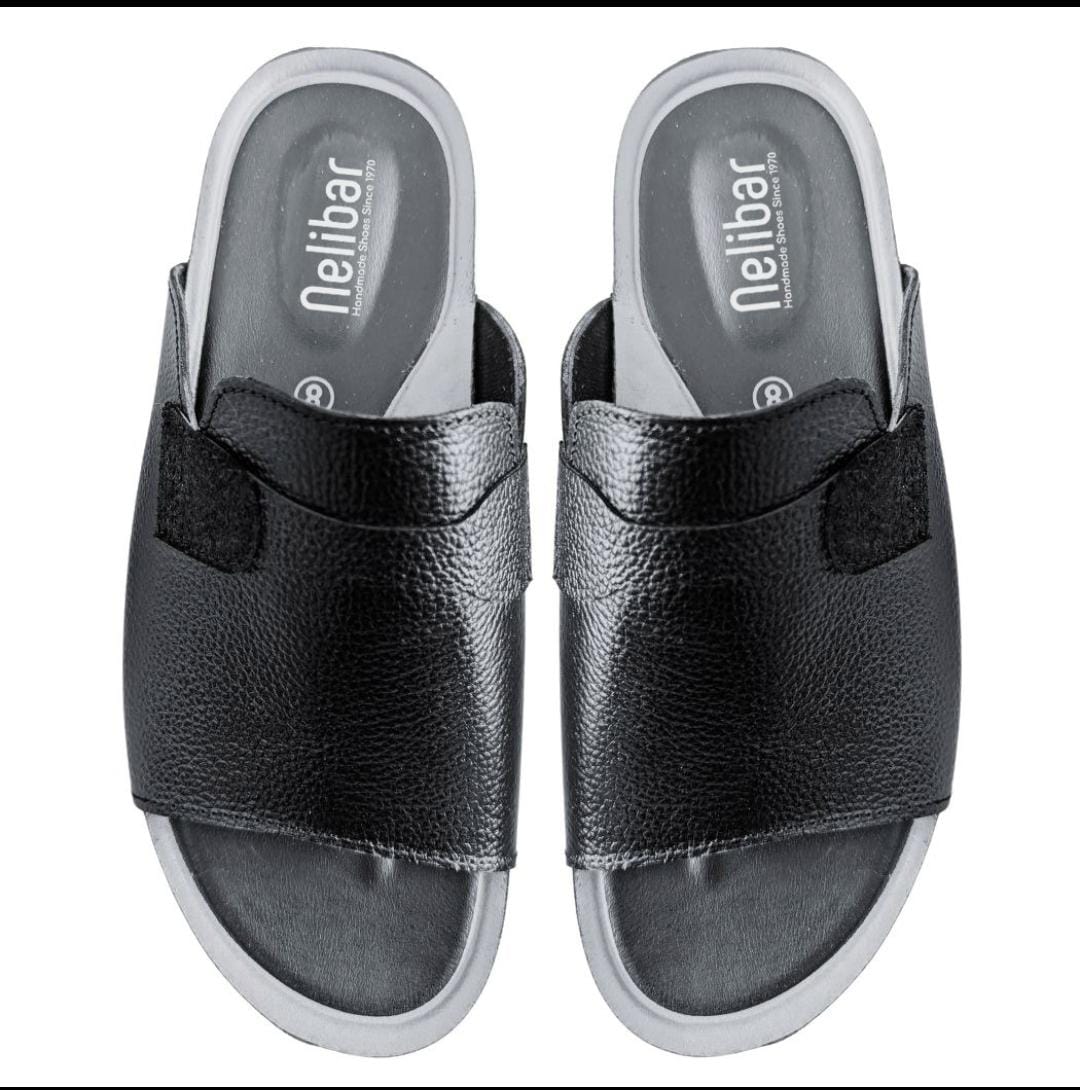 nelibar permium handmade black leathers men`sslippers