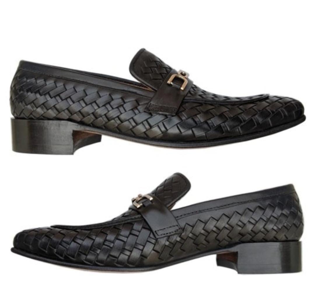 Royal black leathers knitted shoes men’s