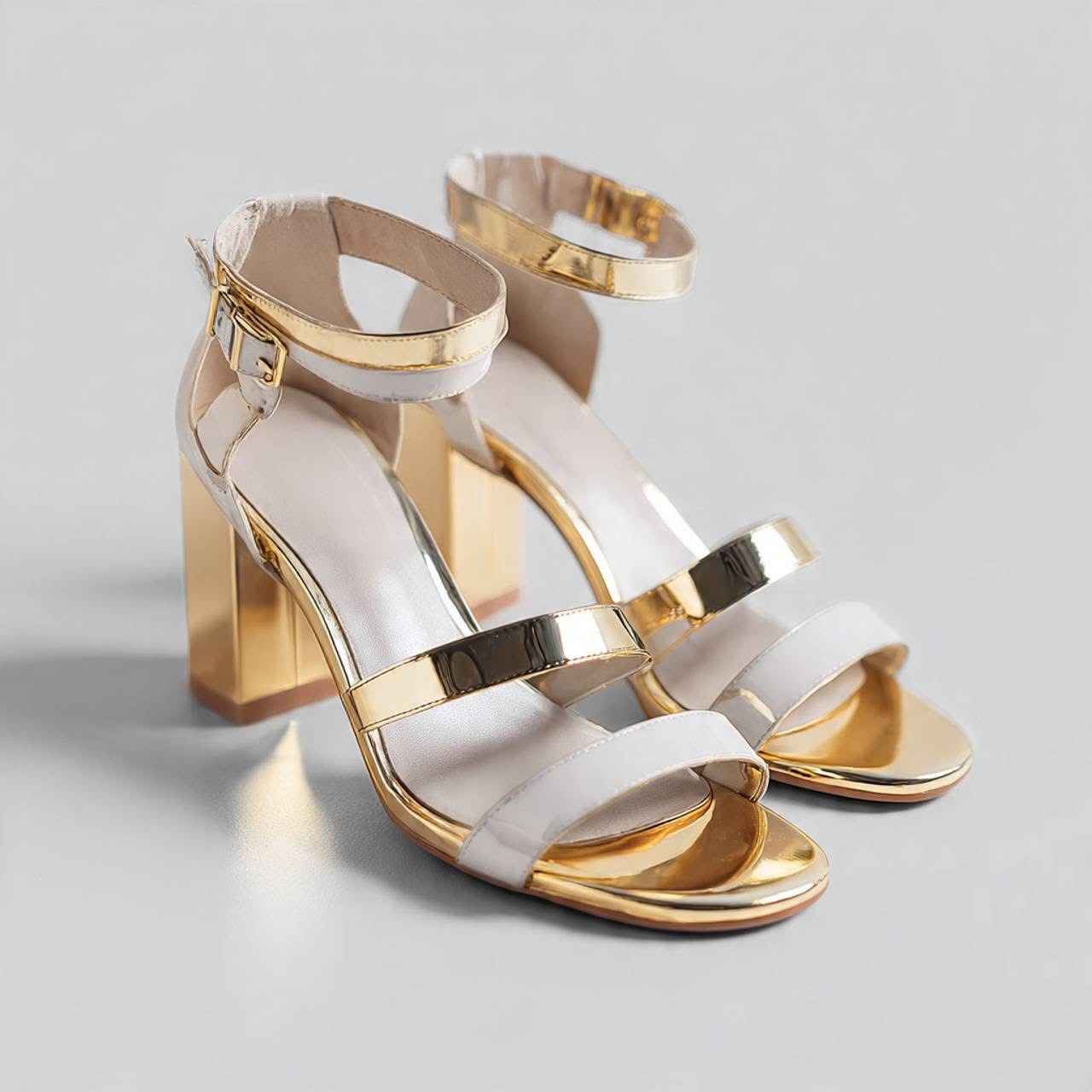 Asadshoes Gold Block Heel Ankle-Strap Sandals womens